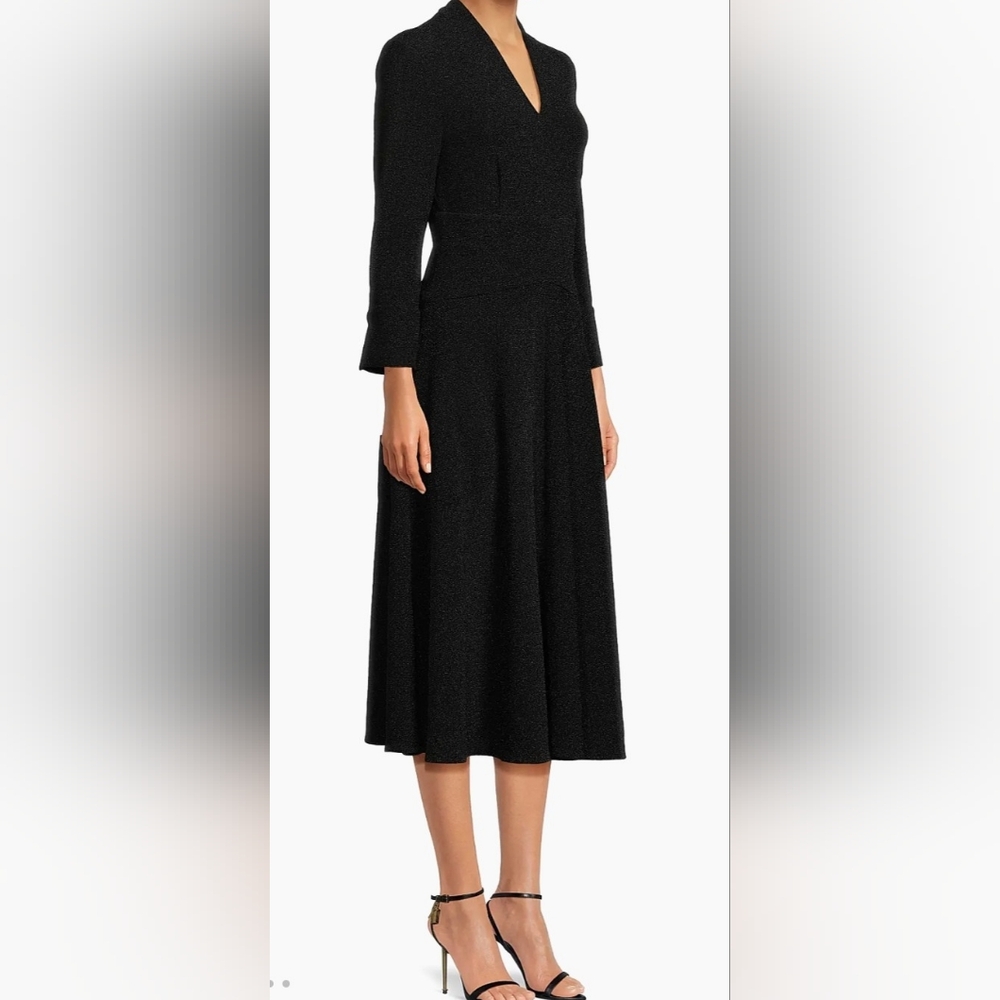 Misook Size Small Black Sparkle Fit & Flare Stretch V-Neck Midi-Dress MSRP $378
